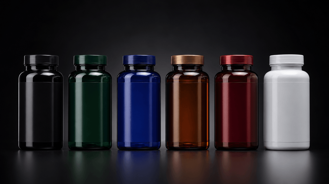 Studio catalog lineup of six supplement bottles in a perfectly spaced horizontal row, identical three-point lighting set