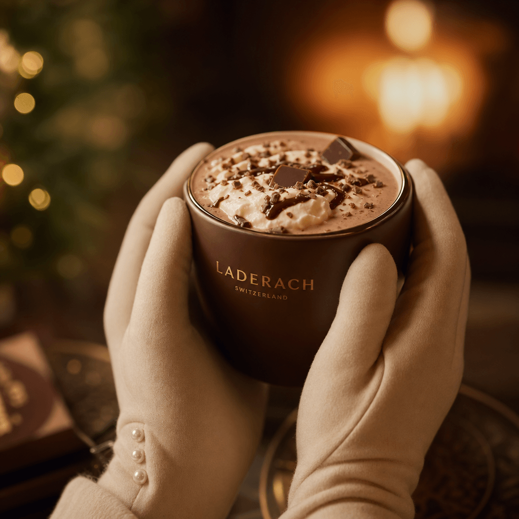 Gourmet hot chocolate or beverage in styled hands with elegant gloves, warm fireplace lighting, premium lifestyle produc