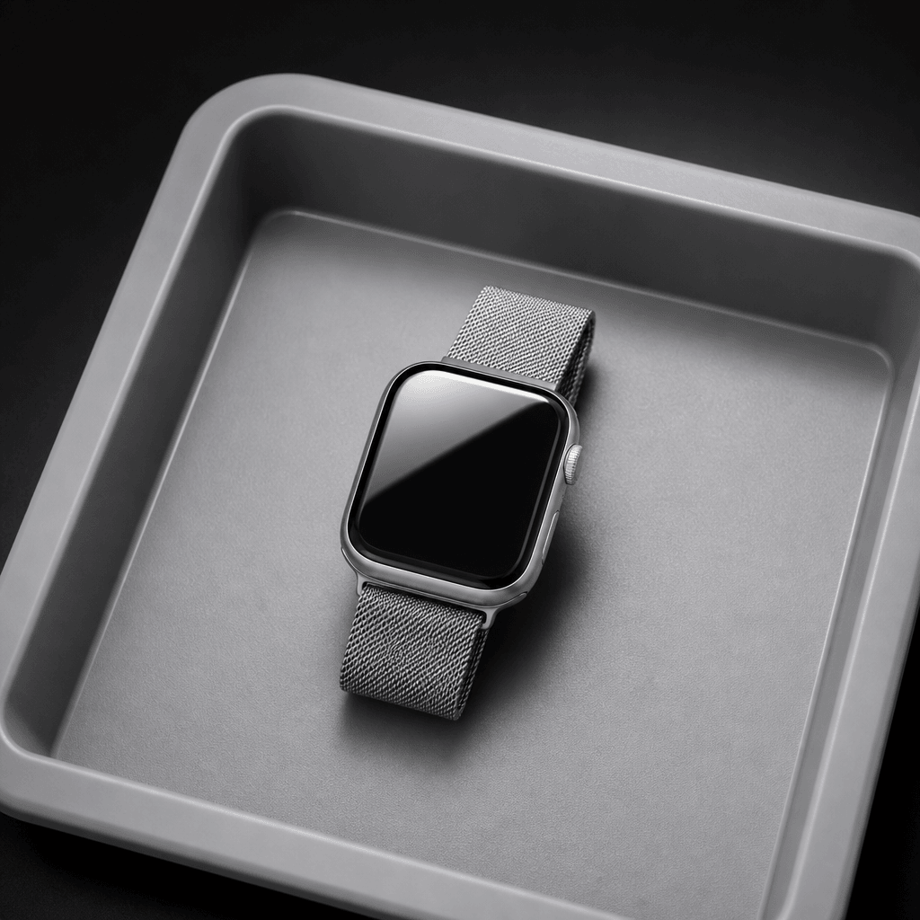 Editorial product image of a sleek silver smartwatch face-up on a gray airport security tray. Crisp overhead lighting wi