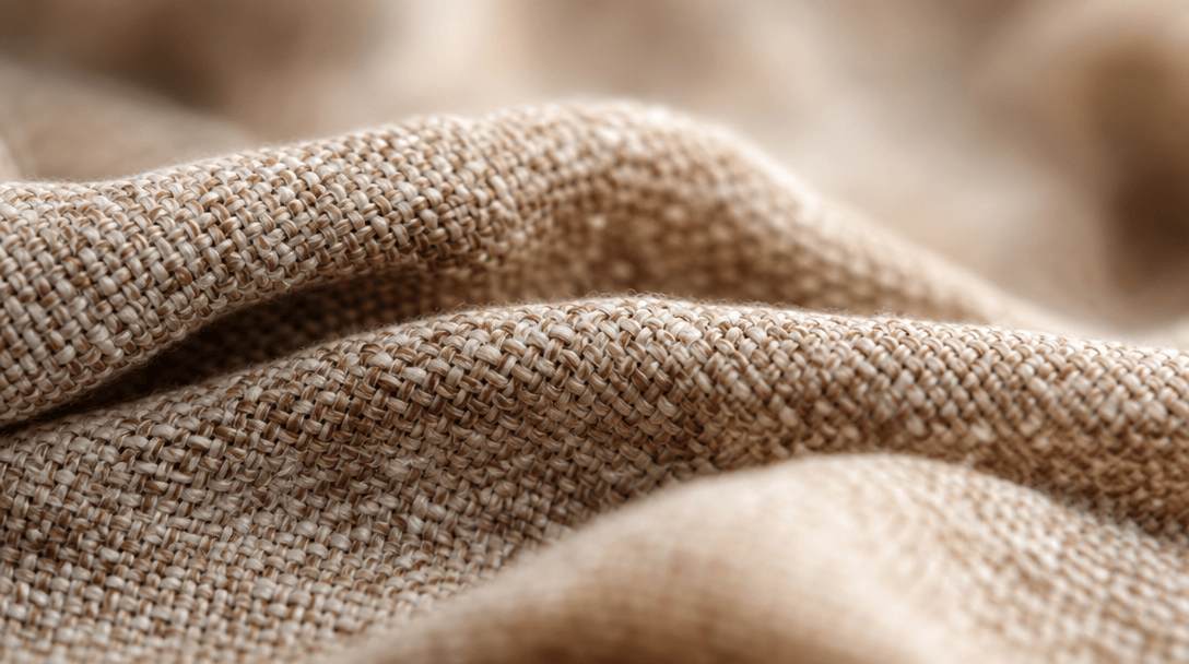 Abstract close-up of woven fabric or textile surface with soft directional lighting, bokeh background, warm neutral tone