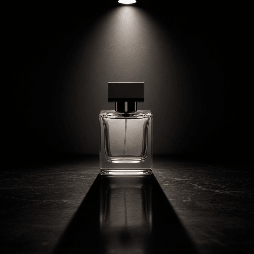 Square editorial product shot: a minimalist glass perfume bottle centered against a near-black background, single dramat