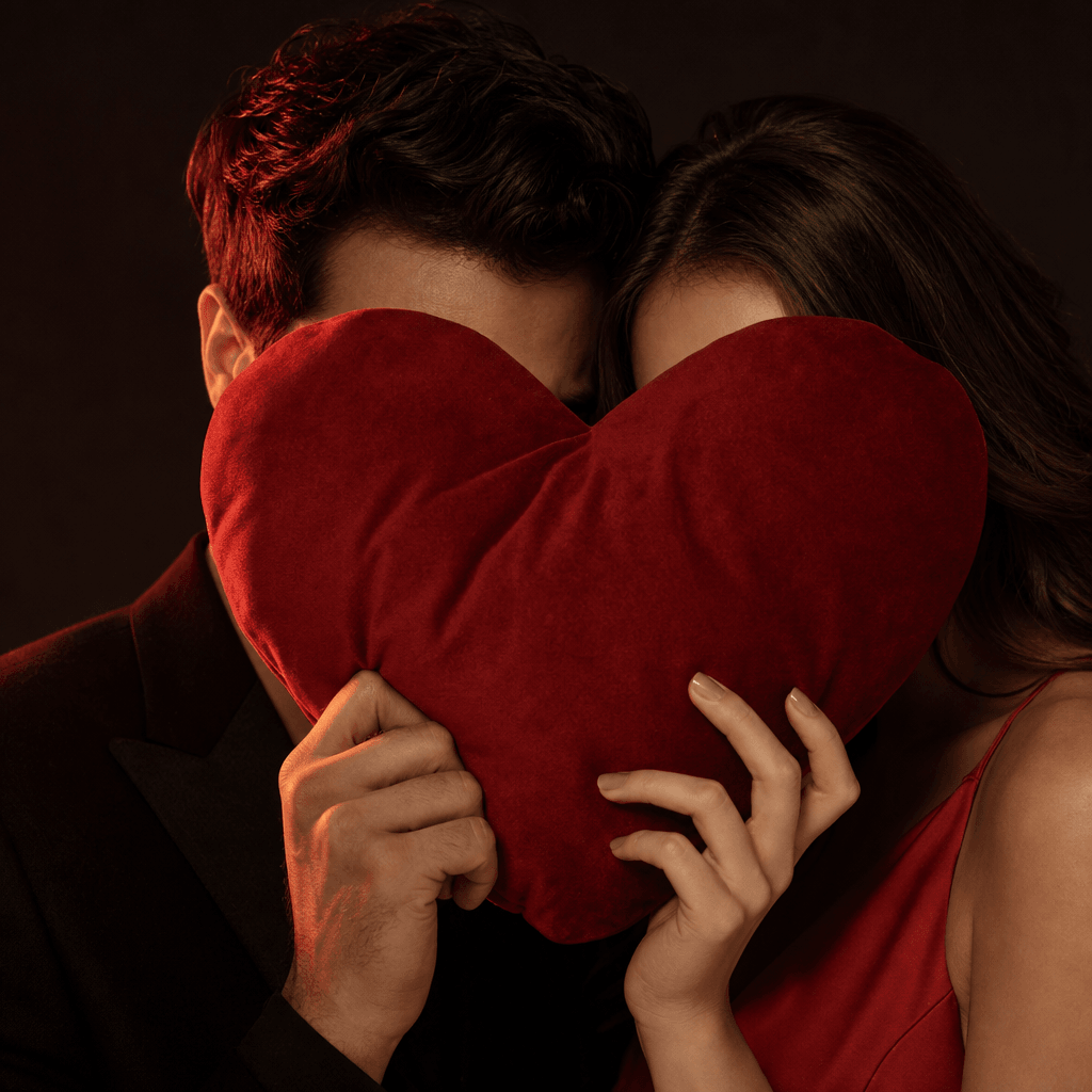 Close portrait of an anonymous couple framed behind a large soft red heart pillow, dark editorial set, warm rim light, r