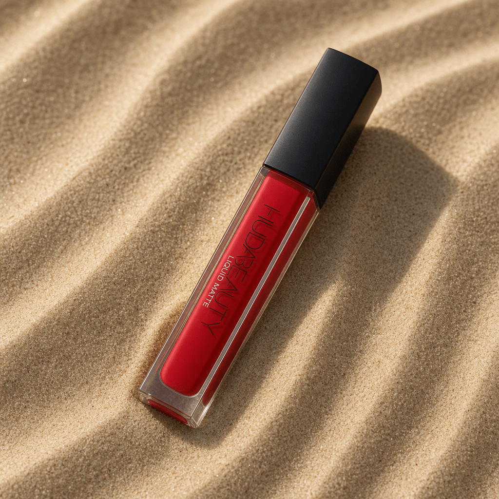 A makeup product displayed on rippled sand, with a focus on the vibrant colors of the product contrasting against the ne