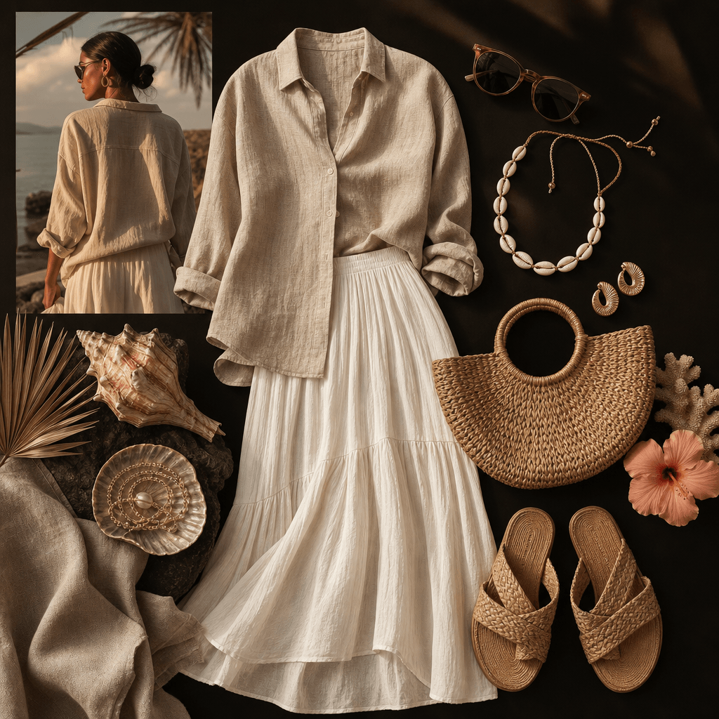 Warm resort-wear collage featuring a linen shirt, flowing ivory skirt, woven sandals, straw bag, shell jewelry, sunglass