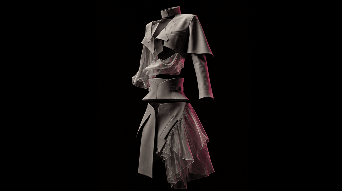 A single sculptural outfit suspended against a near-black background, separated garment layers aligning into one complet