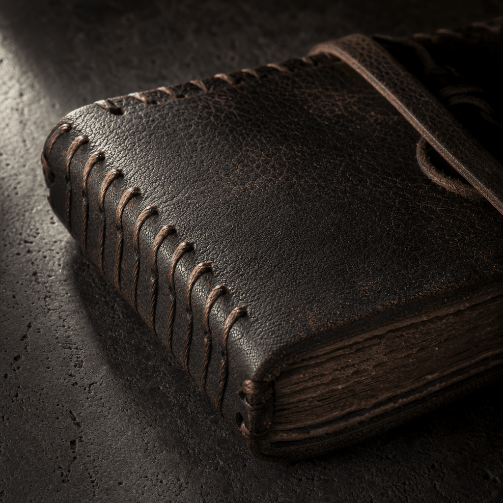 Close-up macro shot of a hand-stitched dark leather-bound journal resting on textured dark concrete, single warm sidelig