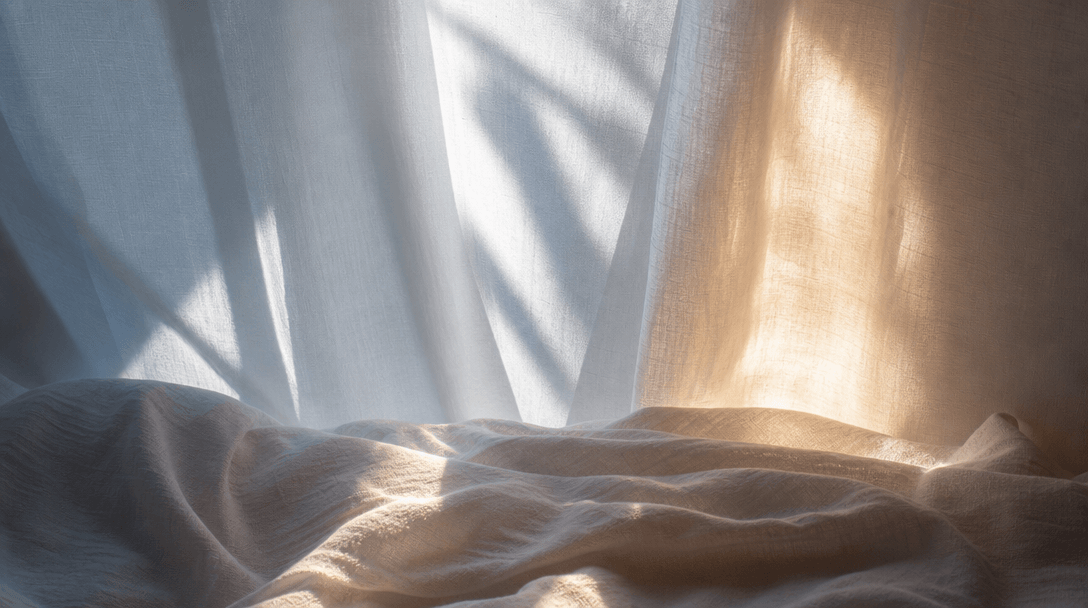 Abstract light study: soft morning sunlight streaming through sheer fabric, warm and cool light mixing, gentle shadows o
