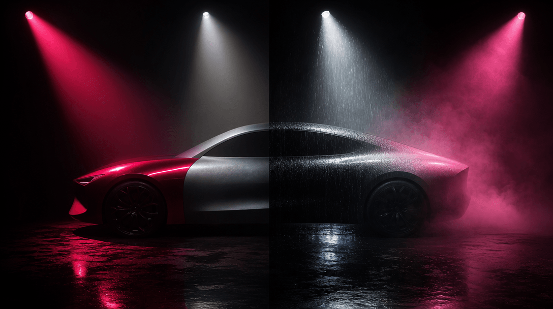 Four distinct pools of cinematic light converging on one sculptural car form, each revealing a different material treatm
