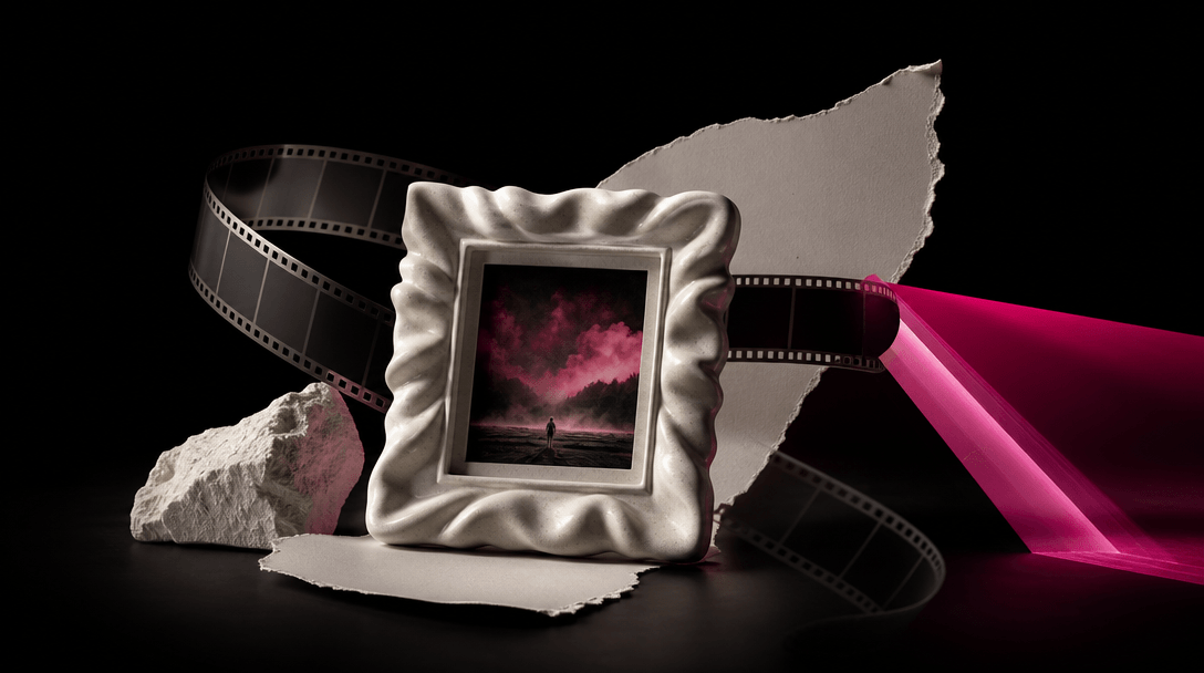 Several distinct creative materials orbiting one central product: a strip of cinematic film, a sculptural image frame, t