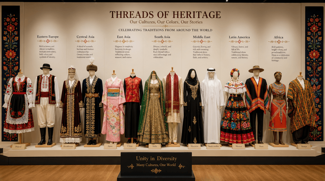 Gallery display showing multiple folk costumes from different countries and cultures, Eastern European, Asian, Latin Ame