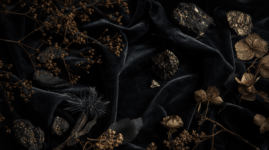 Dark editorial luxury scene: deep charcoal velvet fabric with soft natural light creating gentle folds and shadows, scat
