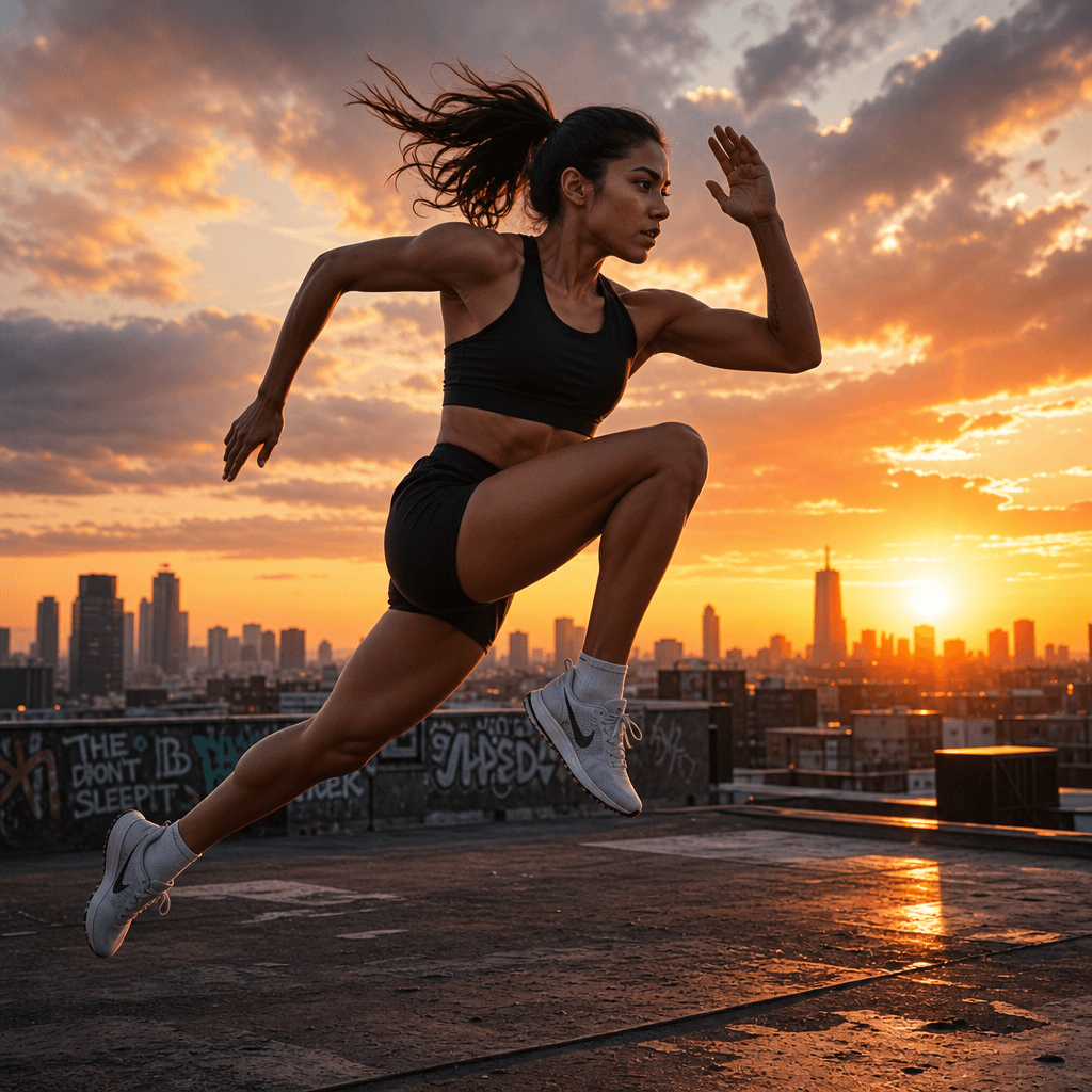 An athlete mid-action, captured on a rooftop with the urban landscape behind them during sunset. The lighting enhances t