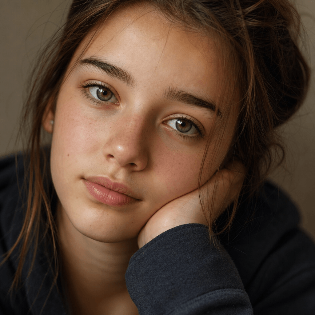 Close-up portrait of a teenager with soft lighting, warm skin tones, genuine natural expression, emotional and relatable