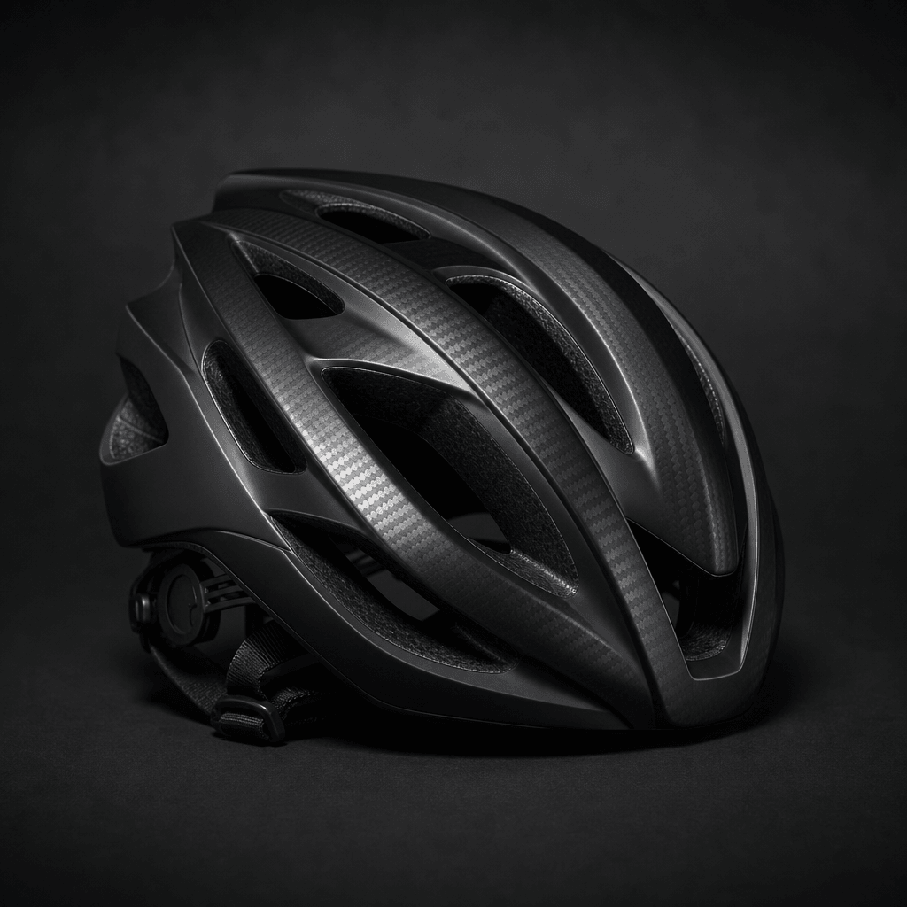 A matte-black cycling helmet at three-quarter orbit angle against a charcoal studio sweep. Light wraps around ventilatio