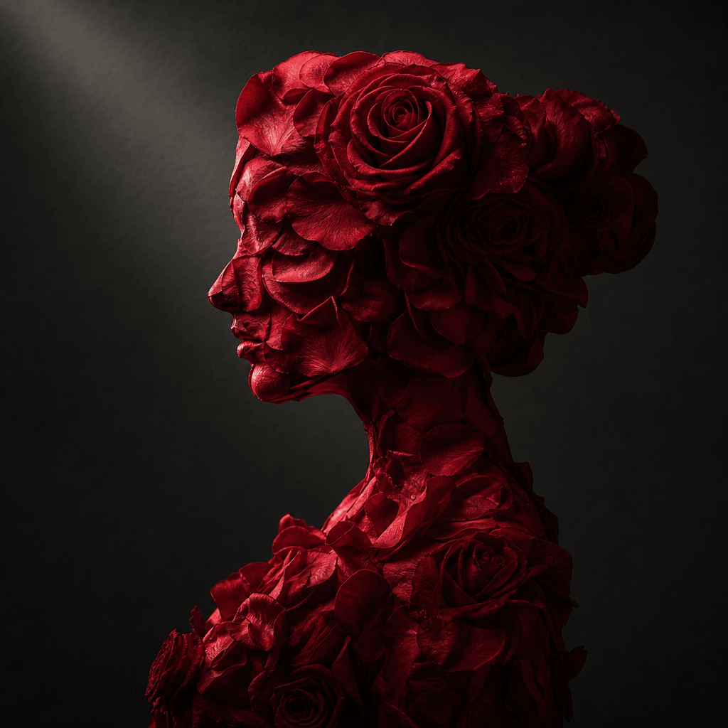 Surreal floral portrait silhouette formed entirely from deep crimson rose petals against a charcoal studio background, a