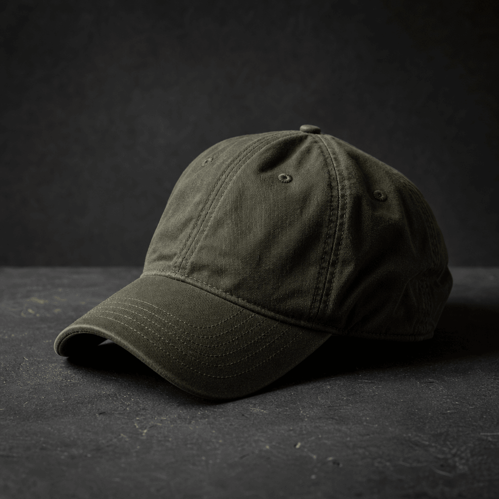 Olive green unstructured six-panel cap resting on a dark matte concrete surface, moody diffused side light from a single