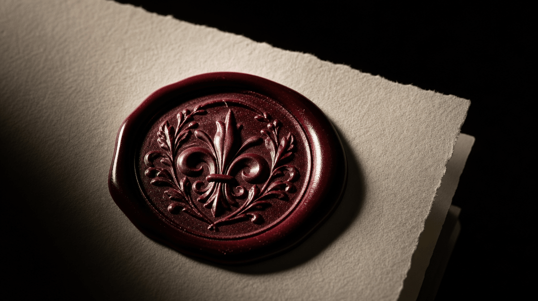 Macro editorial shot of an embossed wax seal stamp pressed into deep burgundy wax on thick cream paper stock, single sha