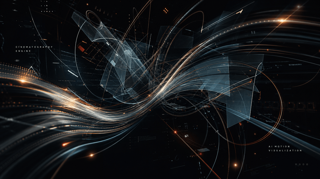 Abstract motion visualization with dynamic light trails and flowing geometric shapes, representing AI cinematography eng