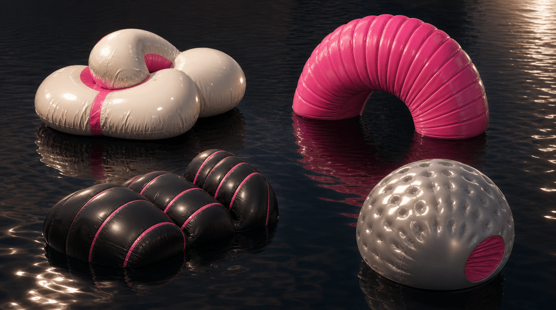 Four distinct abstract inflatable brand forms arranged like a refined material study on dark reflective water, each show