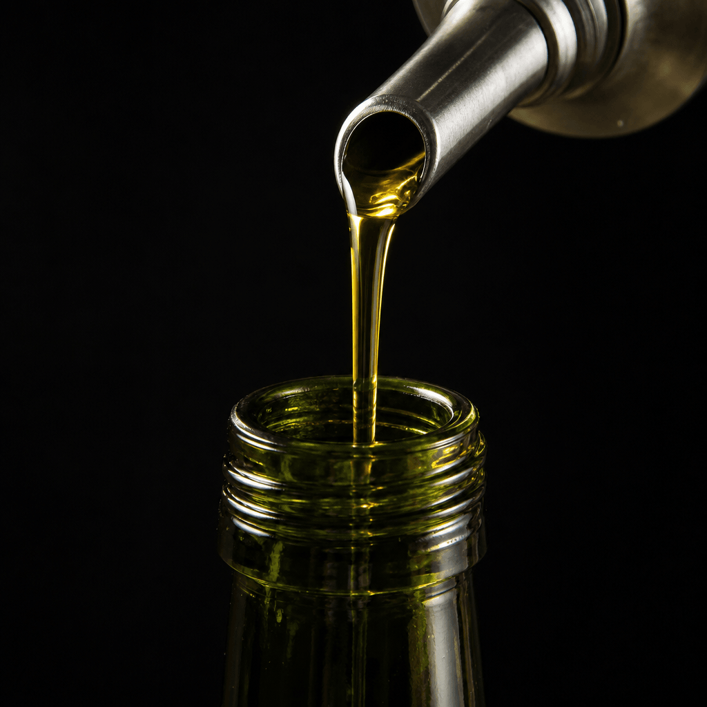 Studio macro close-up of golden cold-pressed olive oil pouring in a thin stream from a stainless steel bottling spout in