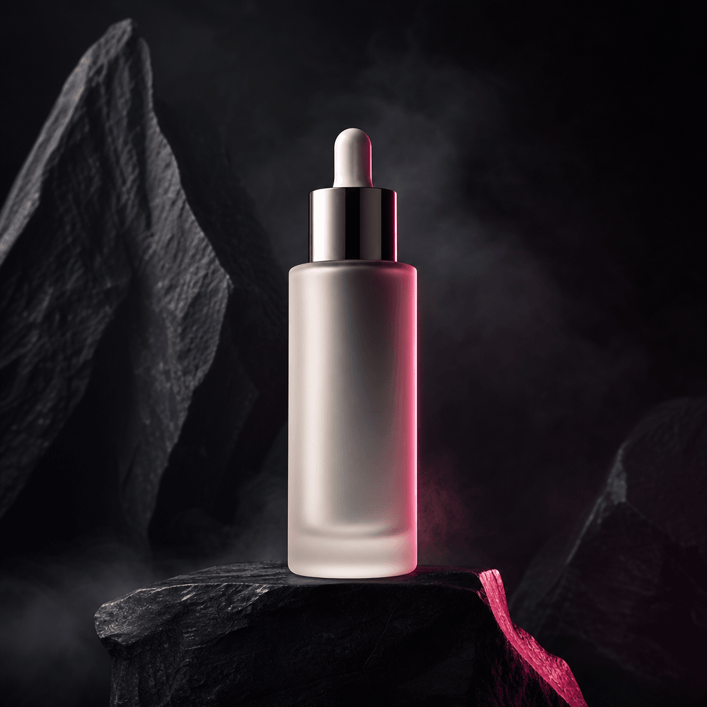Luxury skincare product launch announcement visual, frosted glass bottle centered on a black stone pedestal, narrow hot 