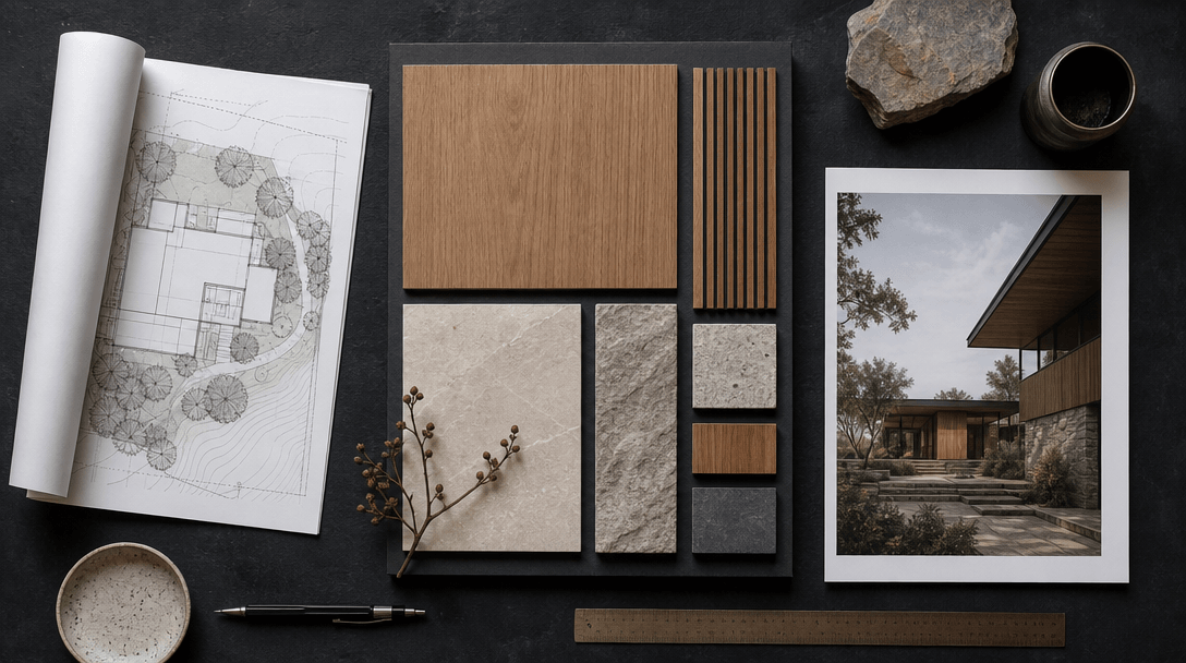 Top-down flat-lay of architectural workflow objects on a deep charcoal surface: a rolled site plan, a material sample bo