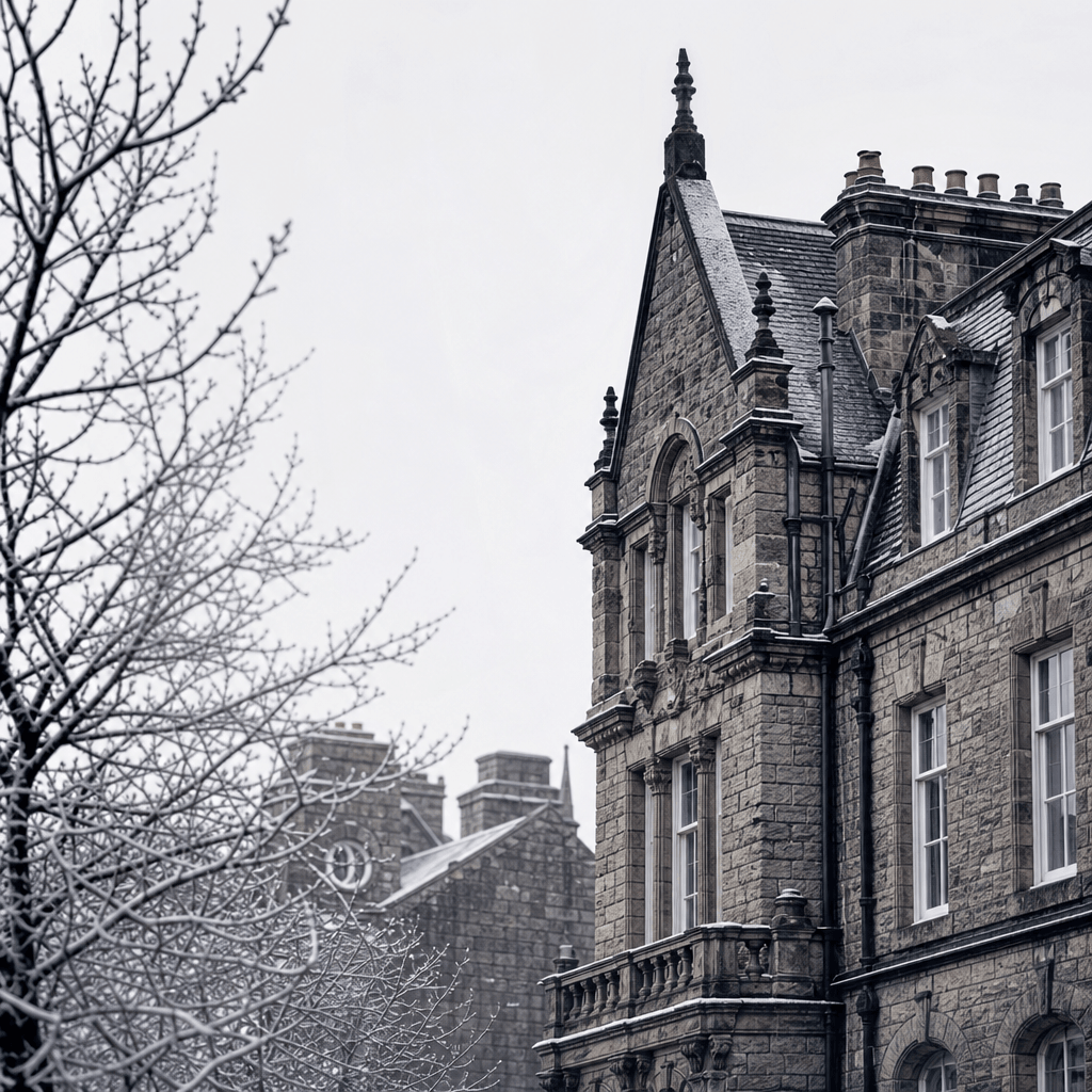 Classic European stone townhouse dusted with light snow, bare winter branches in foreground, pale flat grey sky, high co