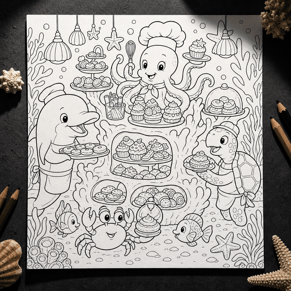 Square coloring page concept of an underwater bakery run by cheerful sea creatures, pastries displayed inside coral-shap