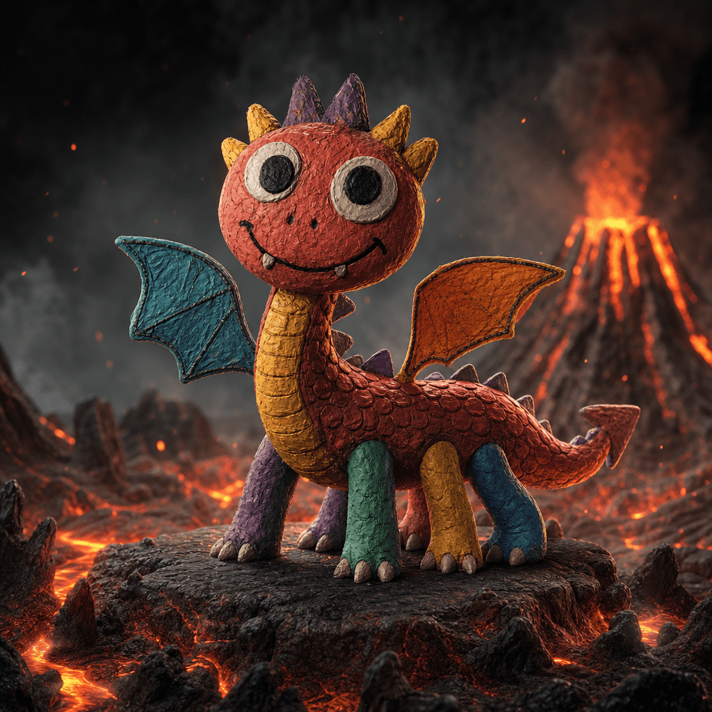 A child's doodle of a smiling six-legged dragon reimagined as a tactile 3D character in a tiny volcanic landscape. Keep 