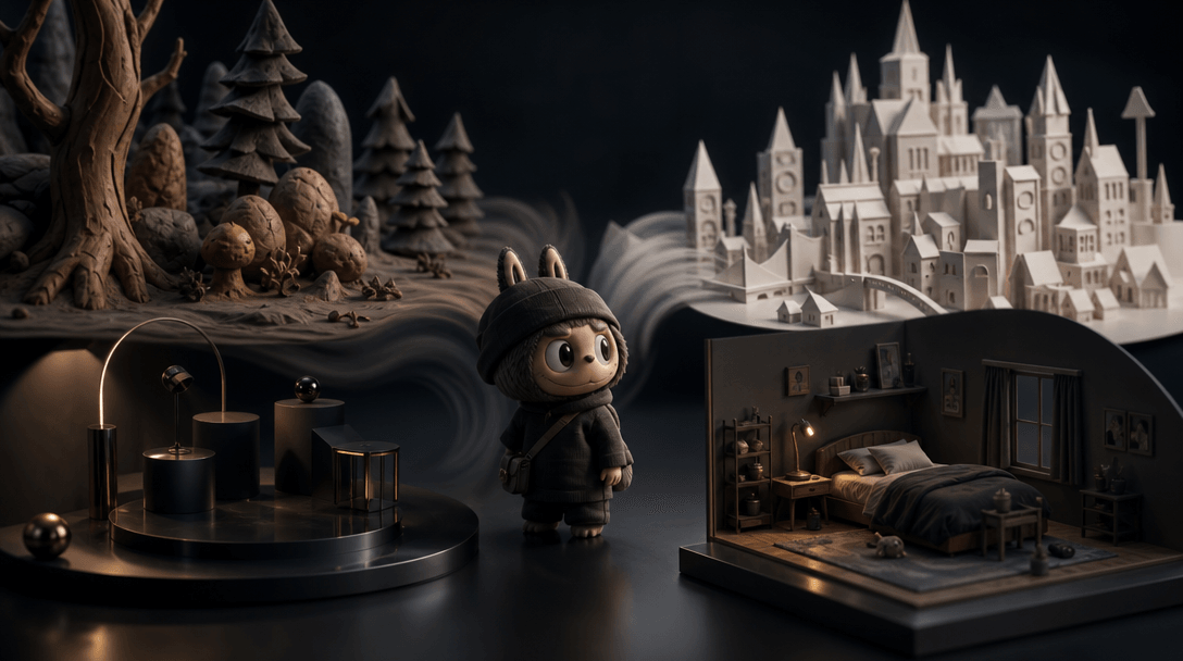A single whimsical 3D character surrounded by several cinematic visual interpretations represented as physical sets: a c