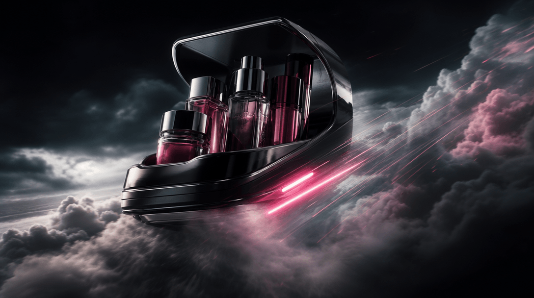 A beauty product carrier accelerating through clouds as light streaks and mist trace a cinematic motion path, dark edito