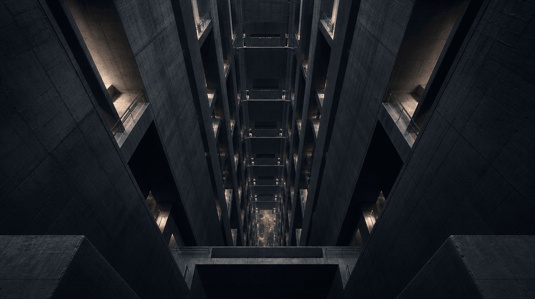An impossible architectural shaft formed by repeating concrete towers descending toward a tiny illuminated street, extre