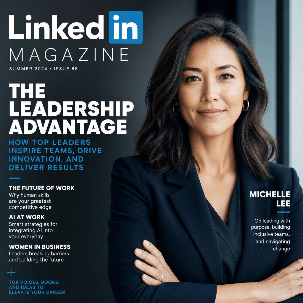 LinkedIn magazine cover style, professional headshot, modern business publication aesthetic, bold headline space, editor