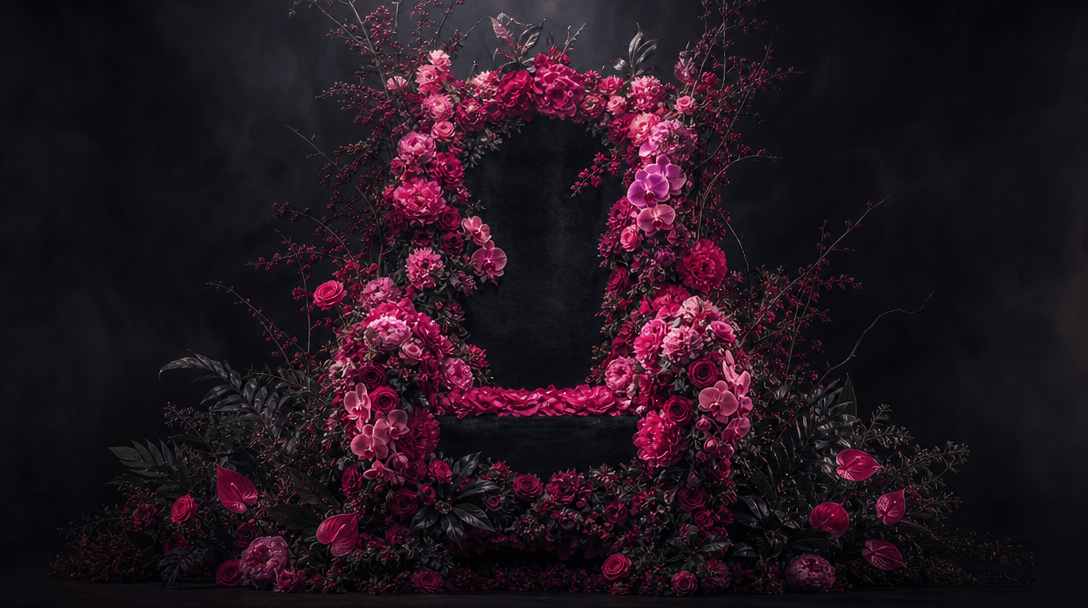 A carefully arranged floral art-direction study in a dark photography studio: concentric layers of roses, peonies, orchi