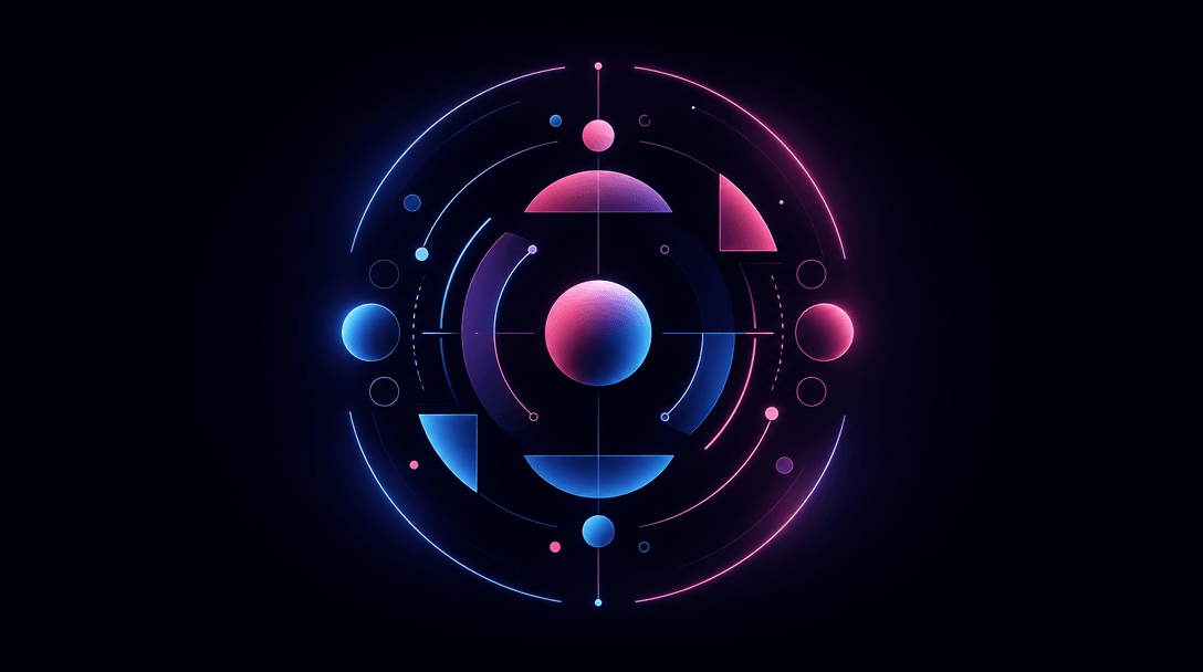 Digital interface concept: geometric shapes arranging themselves into a balanced circular composition. Soft glow effects