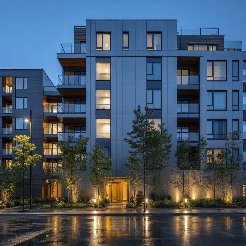 Photorealistic modern apartment building facade at blue hour, anodized aluminum cladding with lit windows, street-level 