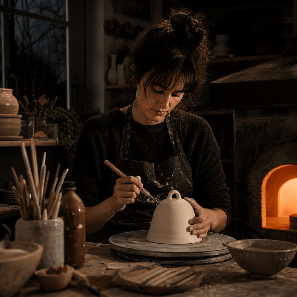 Ceramic home object being shaped and glazed in a cozy nighttime studio, clay dust, wooden tools, warm kiln glow, dark at