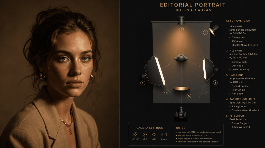 Professional studio lighting setup with warm gels and diffusion, dramatic shadows on portrait, editorial photography tec