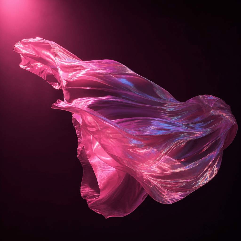 Fashion motion blur still: flowing iridescent fabric mid-air against deep dark background, lit by a single hot pink thea
