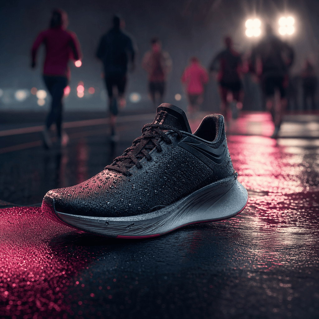 A modern running shoe displayed after a rainy urban workout, droplets on technical fabric, blurred track lights and ener