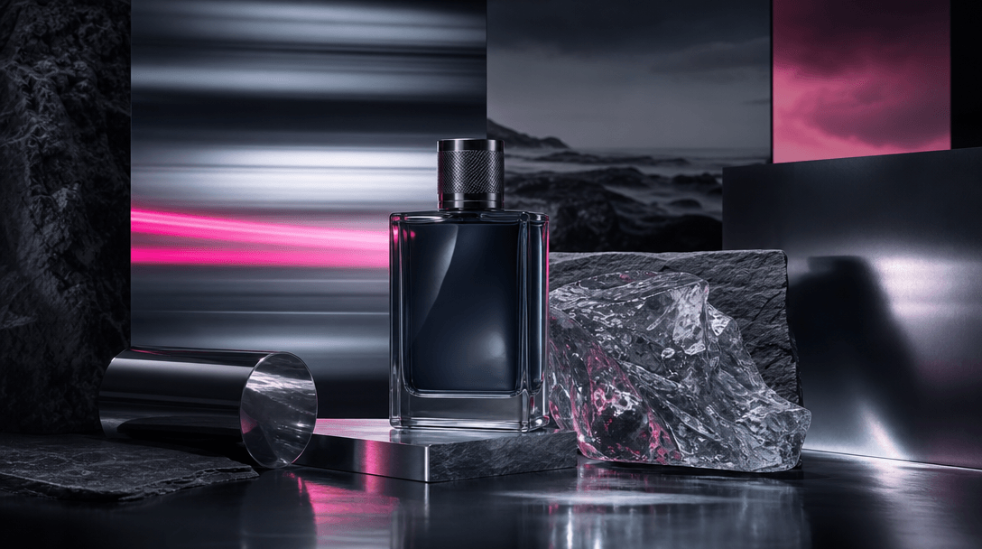 A cinematic studio tableau combining a polished product bottle, a strip of motion-blurred light, sculptural ice, reflect
