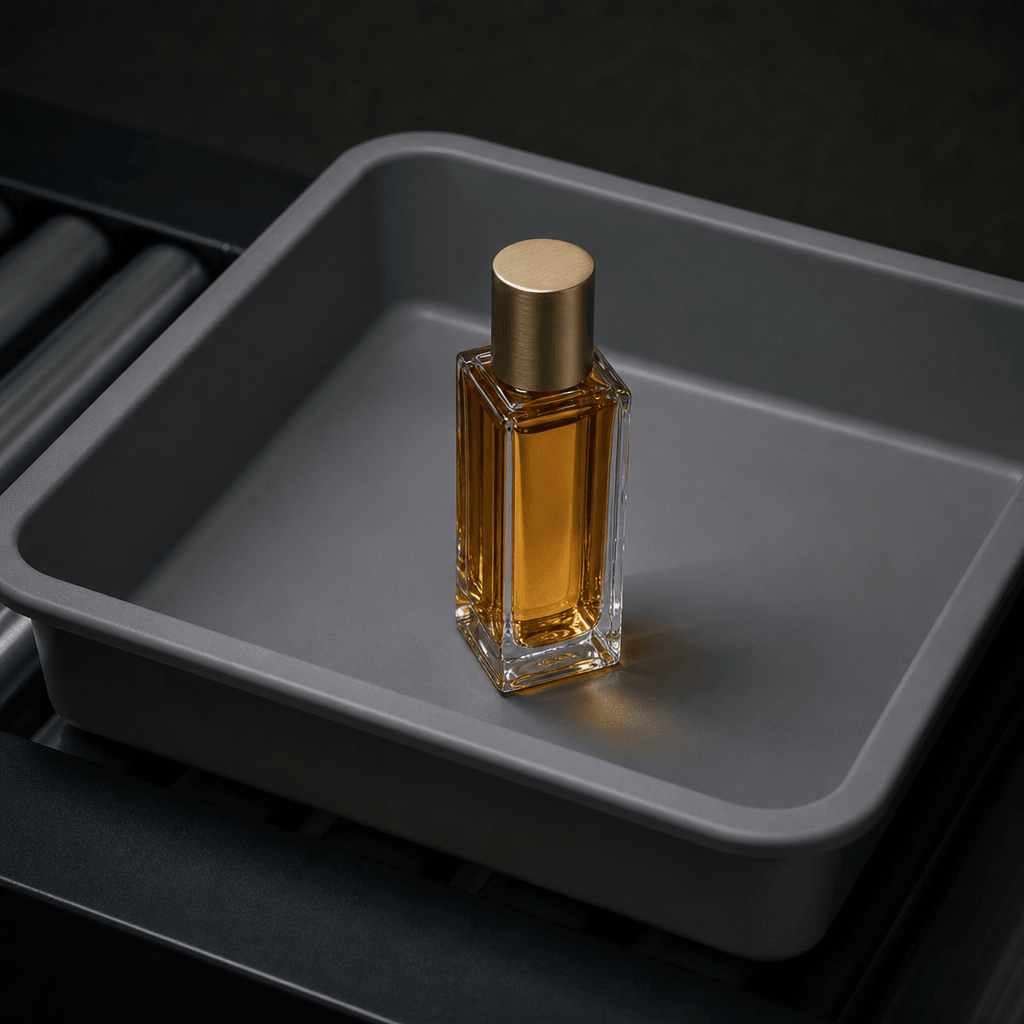 Photorealistic image of a tall glass perfume bottle with a brushed gold cap resting on a gray airport security tray. Ove