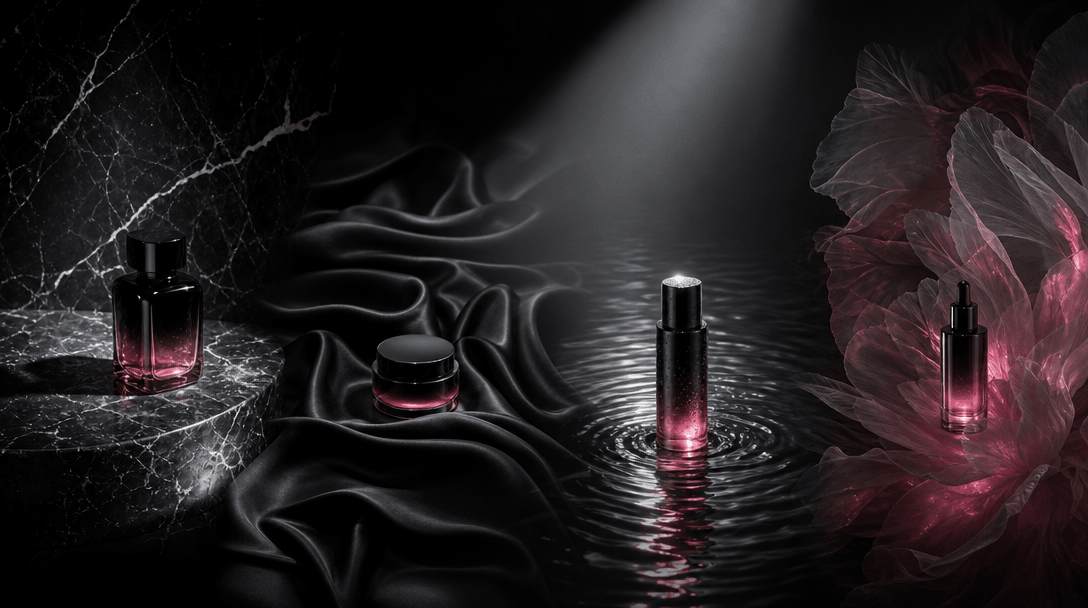 Four distinct product-stage environments blending into one continuous cinematic panorama: polished stone, black silk, re