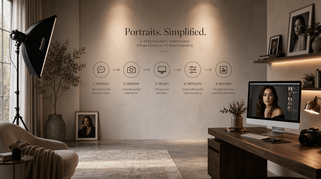 A serene studio environment with elegant textures and lighting, representing a streamlined workflow for portrait creatio