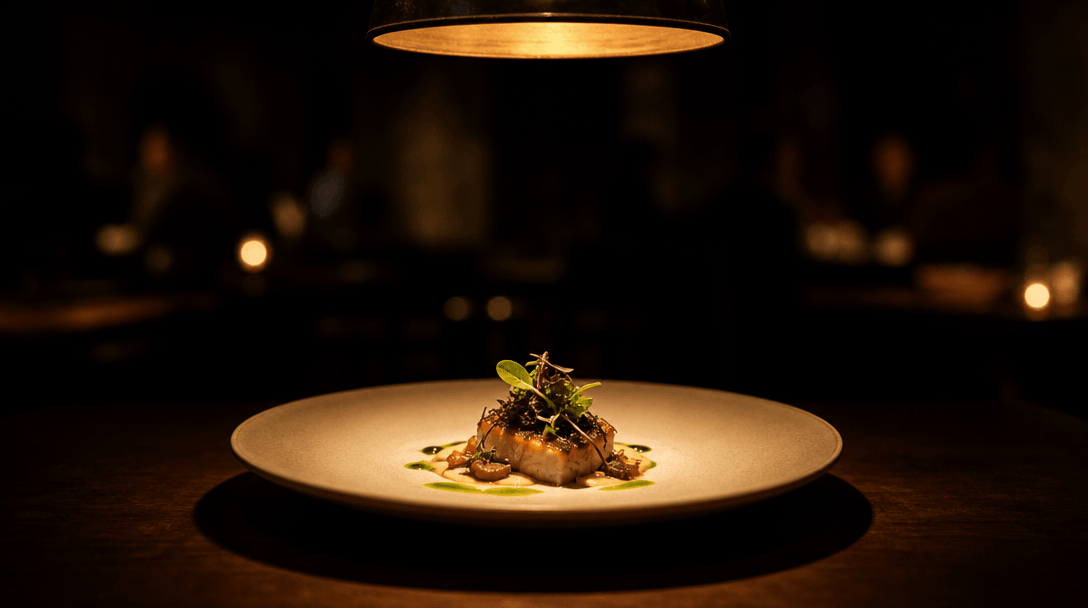 Wide cinematic scene: a single fine-dining plate centered under a hanging pendant light in a dark restaurant interior, e