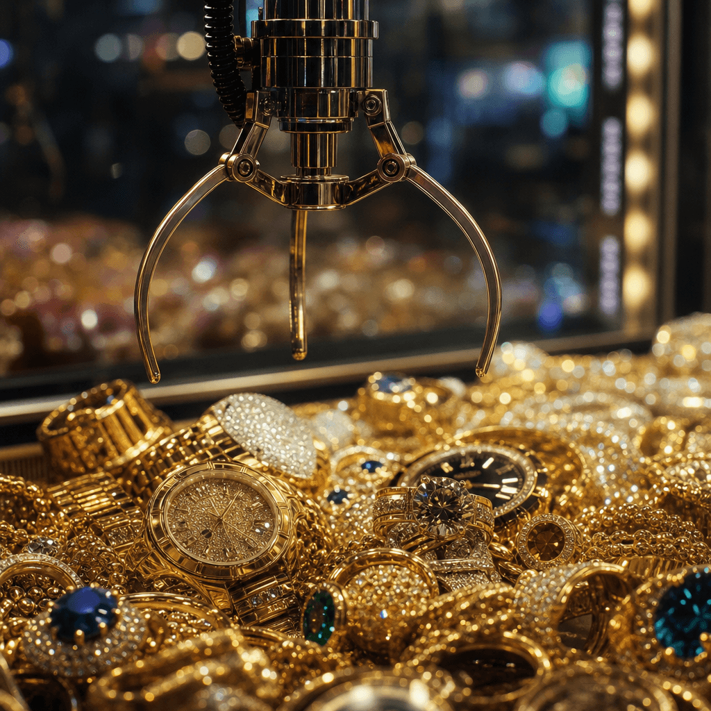 A jewelry collection glittering under a claw machine's claw mechanism, bokeh background, cinematic lighting setup, rings
