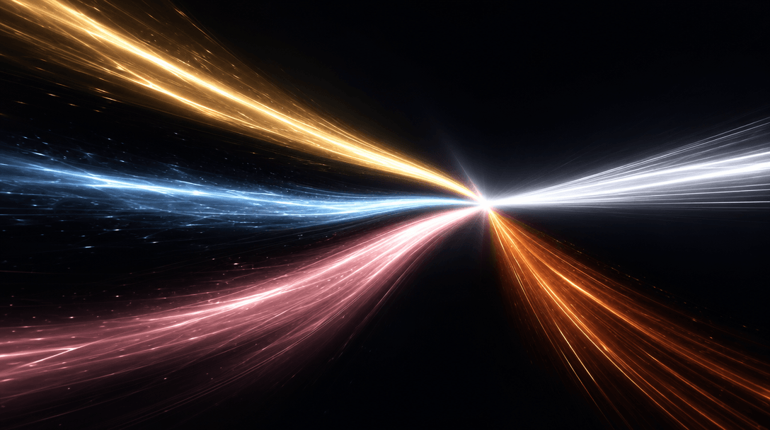 Abstract multi-source light concept: five distinct light streaks in differing color temperatures — warm gold, icy blue, 