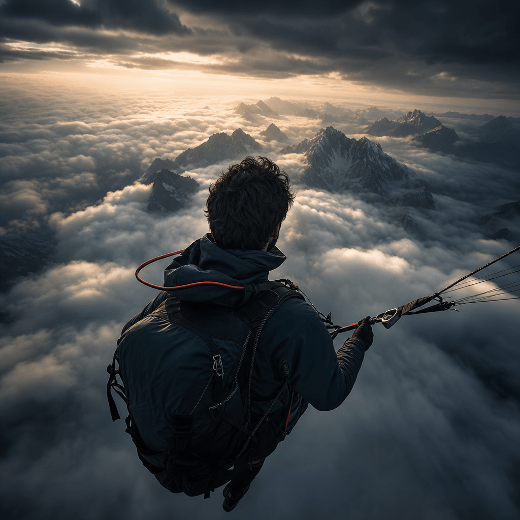 A lone traveler suspended above a surreal cloud layer broken by distant mountain peaks, jacket and backpack straps movin