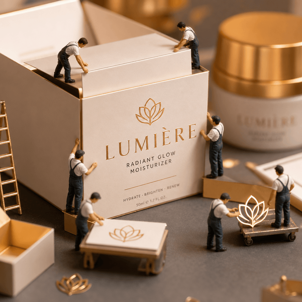Miniature team carefully assembling a beauty product box, macro close-up detail, warm professional lighting, luxury pres