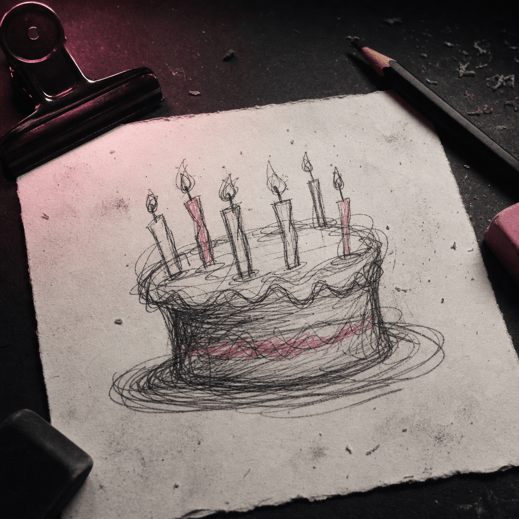 A small birthday cake interpreted as clumsy scribble art, crooked candles, lopsided frosting, shaky outlines, messy penc